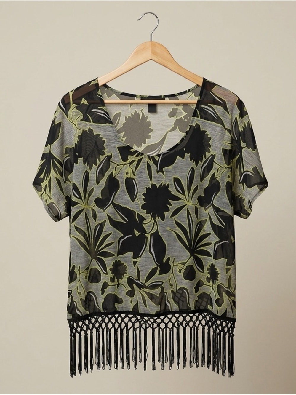 Reitmans Black & Olive/yellow Floral Sheer Tunic summer Fringe size xxl